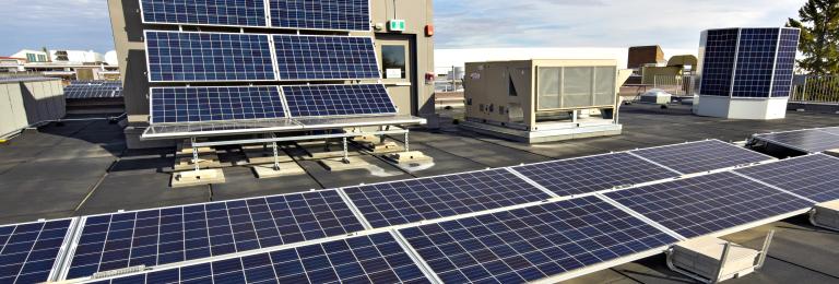An array of solar panels on the roof of Red Deer Polytechnic